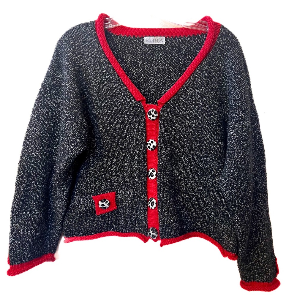 KUBA Hand Knitted Cardigan Style Sweater Black Red Leopard Print Buttons size XL